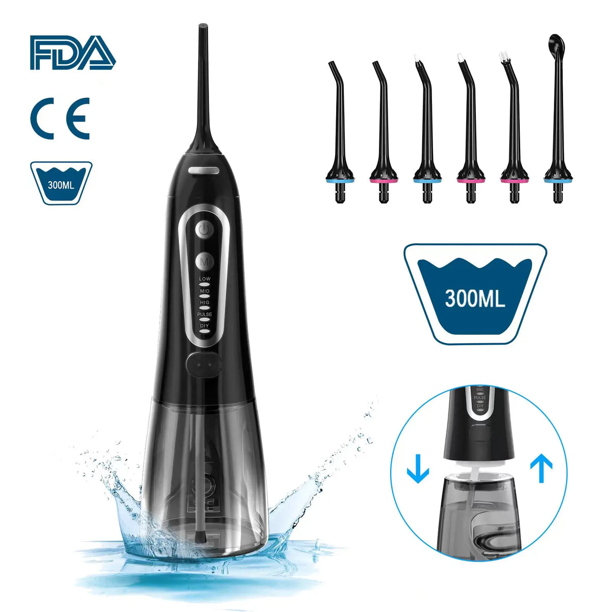 USB Rechargeable Portable Water Flosser – 300ML Electric Oral Irrigator with 6 Nozzle Attachments for Deep Dental Cleaning
