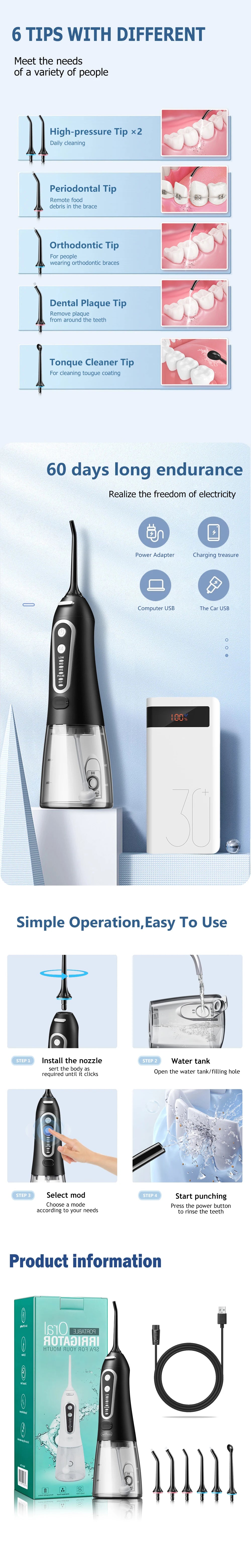 USB Rechargeable Portable Water Flosser – 300ML Electric Oral Irrigator with 6 Nozzle Attachments for Deep Dental Cleaning