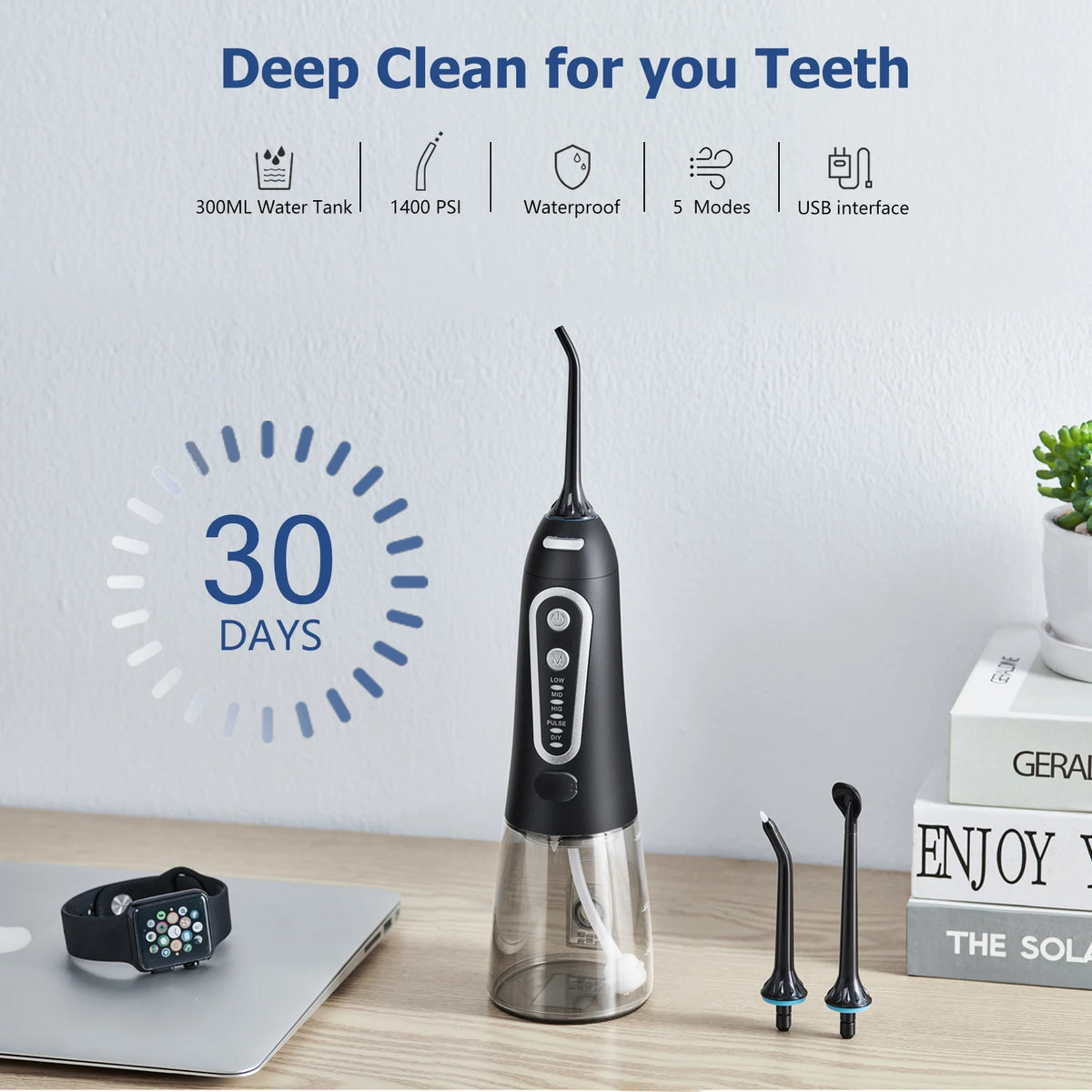 USB Rechargeable Portable Water Flosser – 300ML Electric Oral Irrigator with 6 Nozzle Attachments for Deep Dental Cleaning